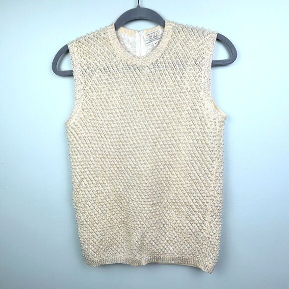 Cyn Les Vintage Hand Beaded 50's 60's Sleeveless Wool Top Pearls Sequins sz 38 S - Picture 1 of 12